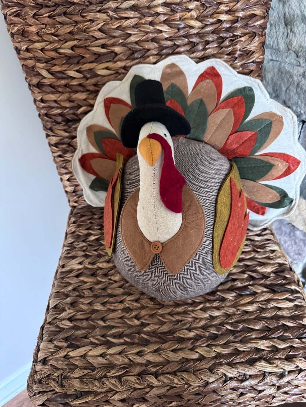 RAZ Imports Thanksgiving Stuffed Turkey Figurine with Top Hat & Herringbone Body
